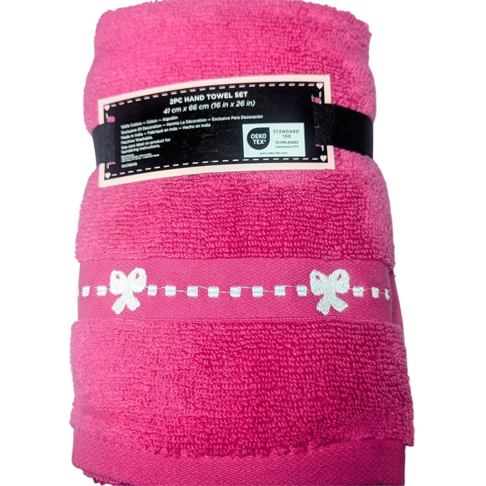 2pc Betsey Johnson Hand Towels 16x26 Hot Pink White Coquette Bow 100% Cotton New