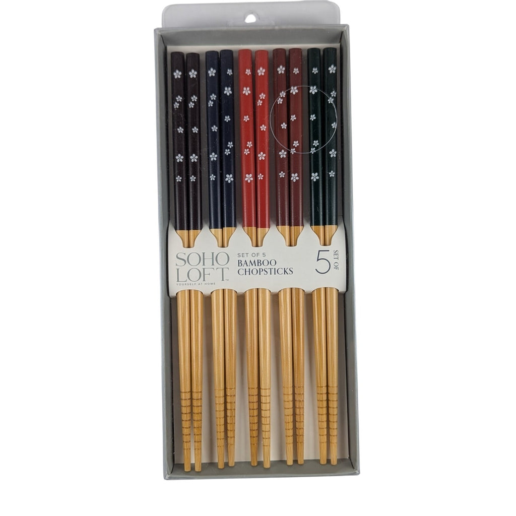 SOHO LOFT Set of 5 Durable Bamboo ChopSticks. White flower design. 5 colors