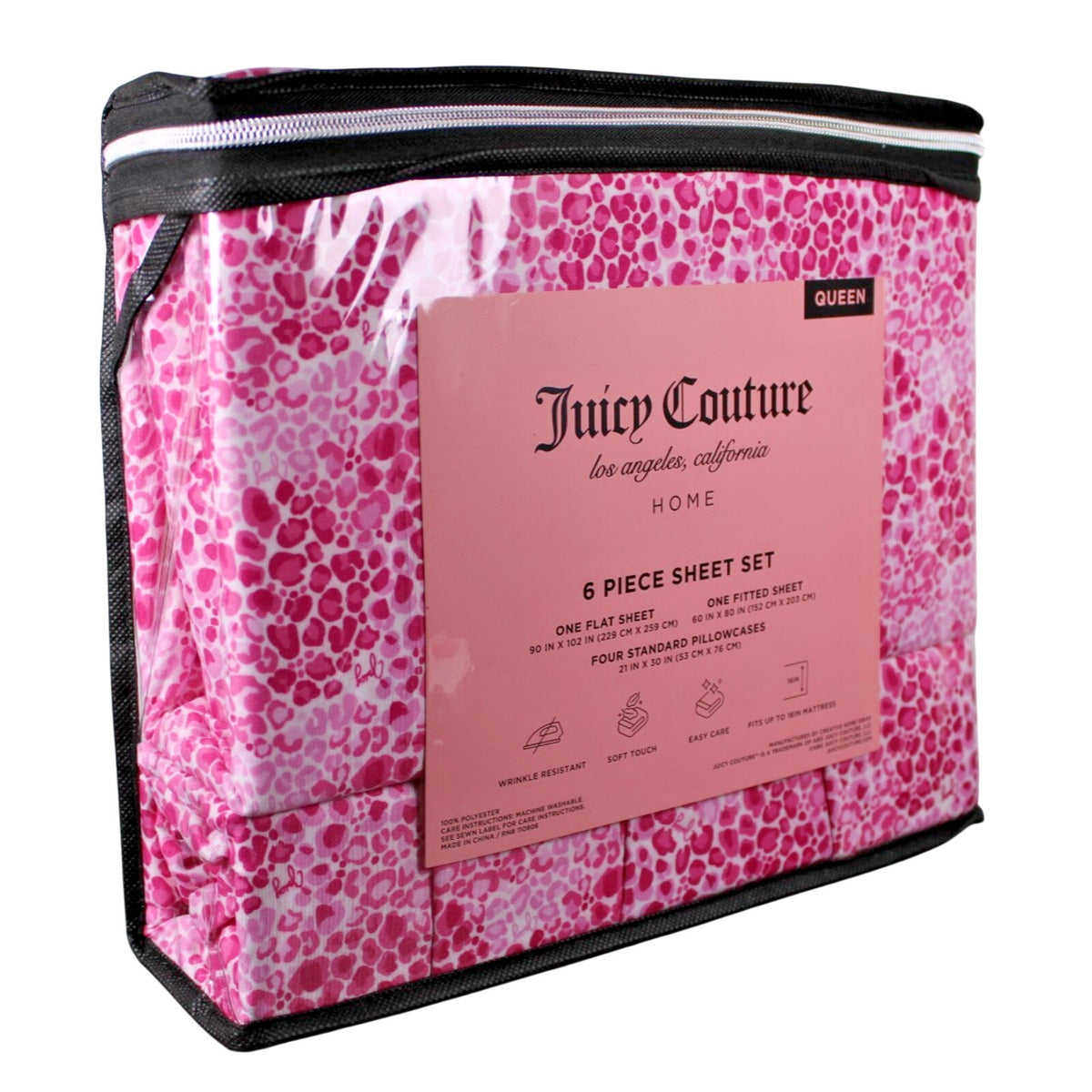 Juicy Couture Queen 6 pc Bed Sheet Set Pink Leopard Print