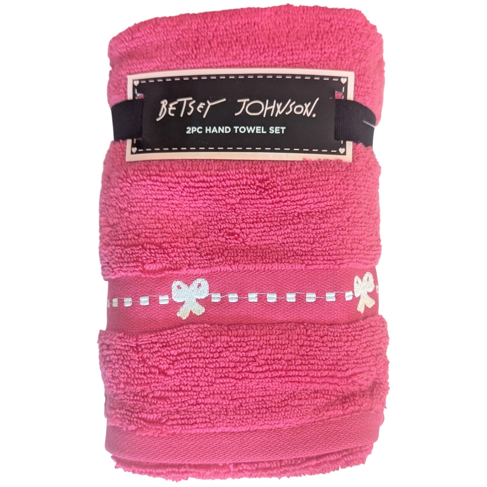 2pc Betsey Johnson Hand Towels 16x26 Hot Pink White Coquette Bow 100% Cotton New