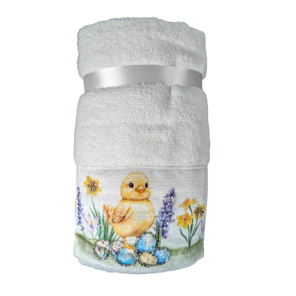 Easter Blessing Beaded Chick Floral Hand Towels Set of 2, 16x28" 100% Cotton