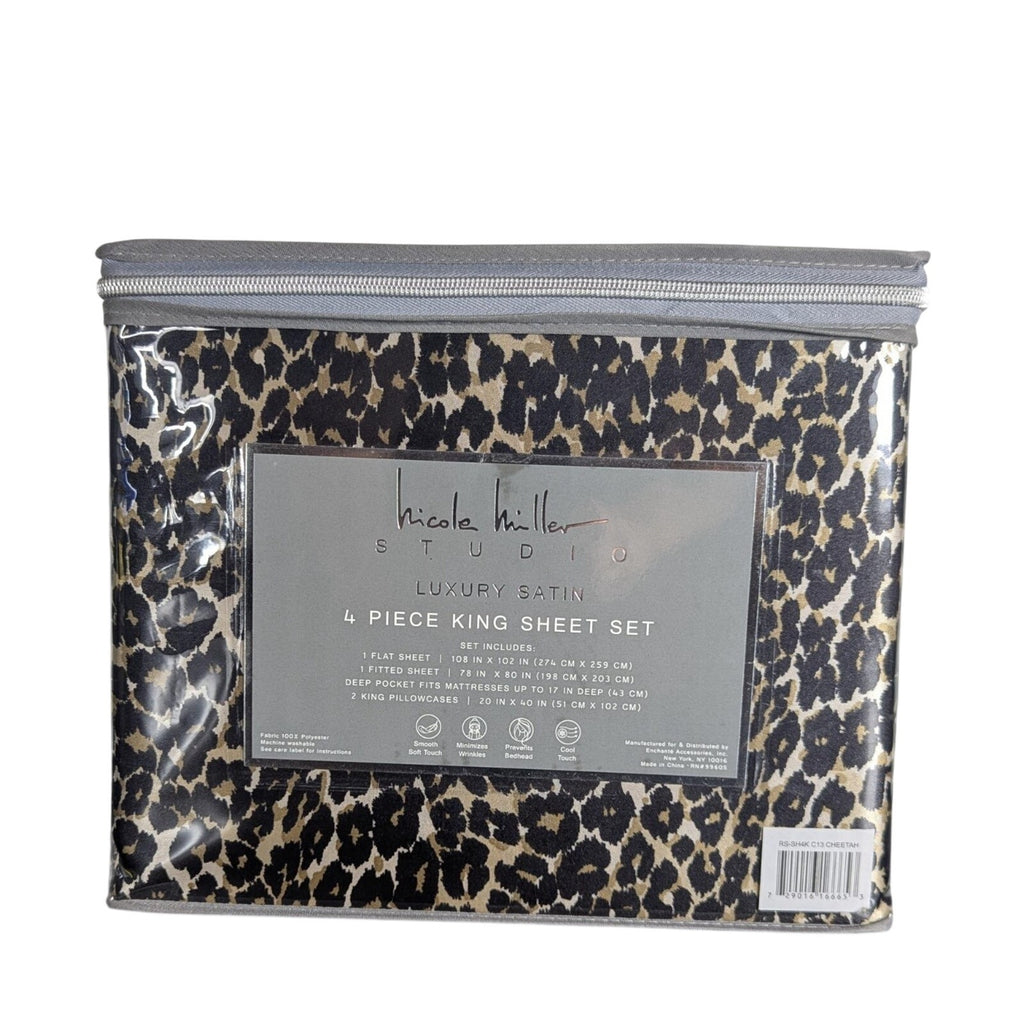 Nicole Miller Studio Luxury Satin KING Sheet Set 4 Pc Leopard Cheetah - New