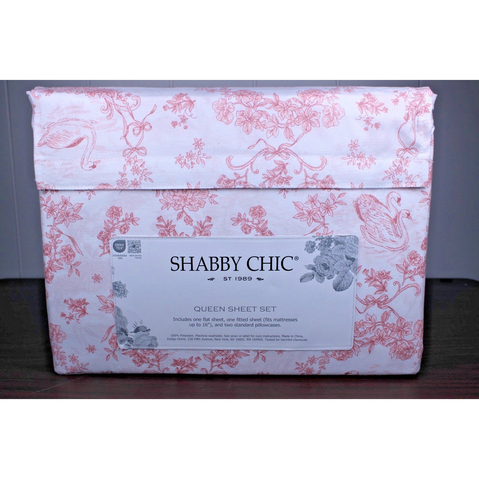 Shabby Chic Queen Sheet Set Swan Floral Coral Pink White Toile Vintage Inspired