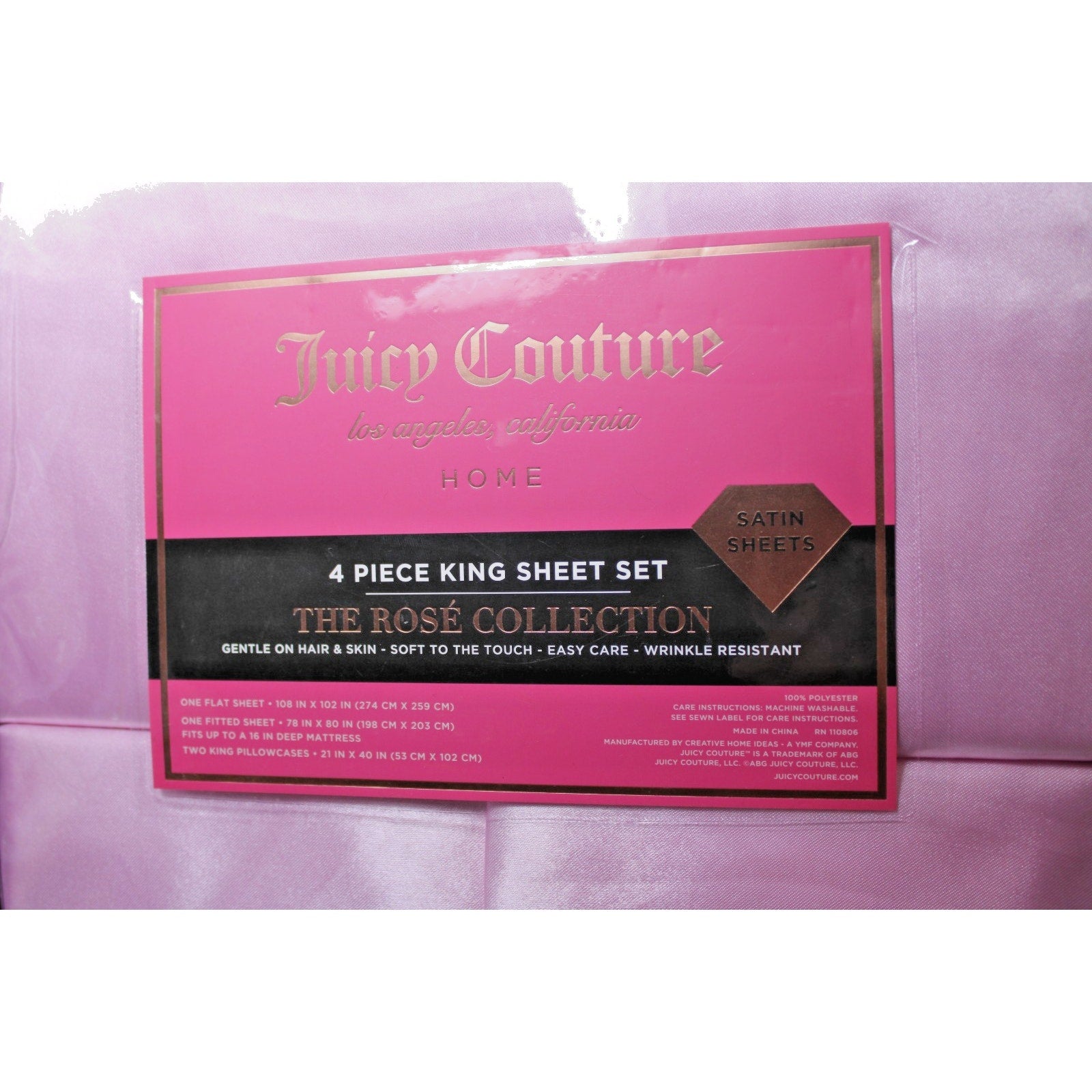 Juicy Couture Lilac Pink Satin 4pc KING Sheet Set Easy Care Soft Sleek Smooth