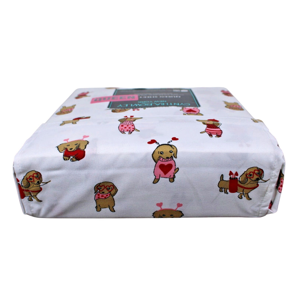 CYNTHIA ROWLEY Queen Sheet Set Weenie Dogs Valentines Hearts DACHSHUND