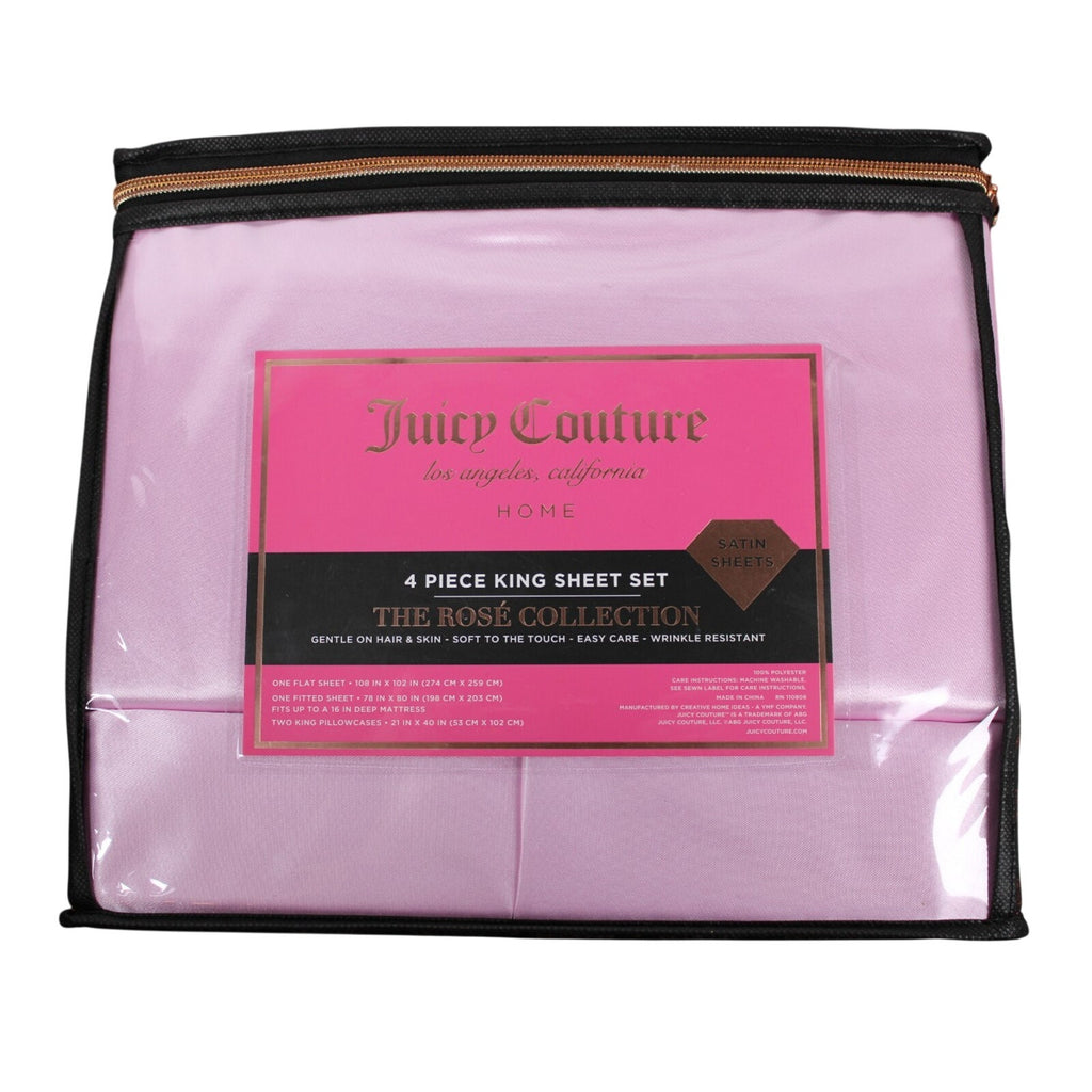 Juicy Couture Lilac Pink Satin 4pc KING Sheet Set Easy Care Soft Sleek Smooth