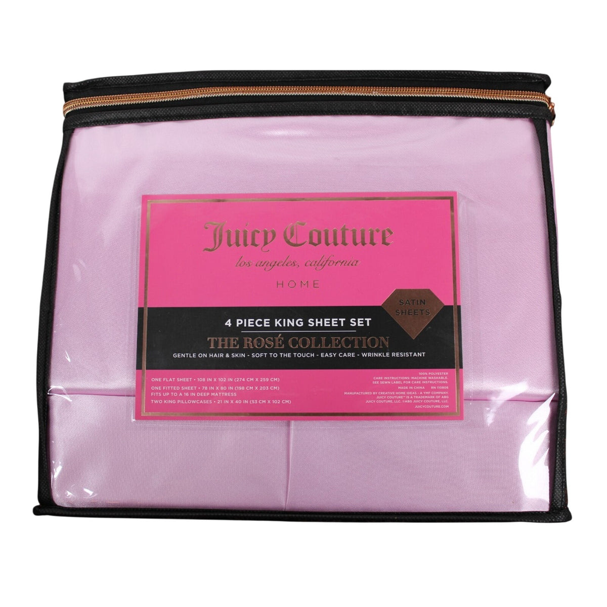 Juicy Couture Lilac Pink Satin 4pc KING Sheet Set Easy Care Soft Sleek Smooth