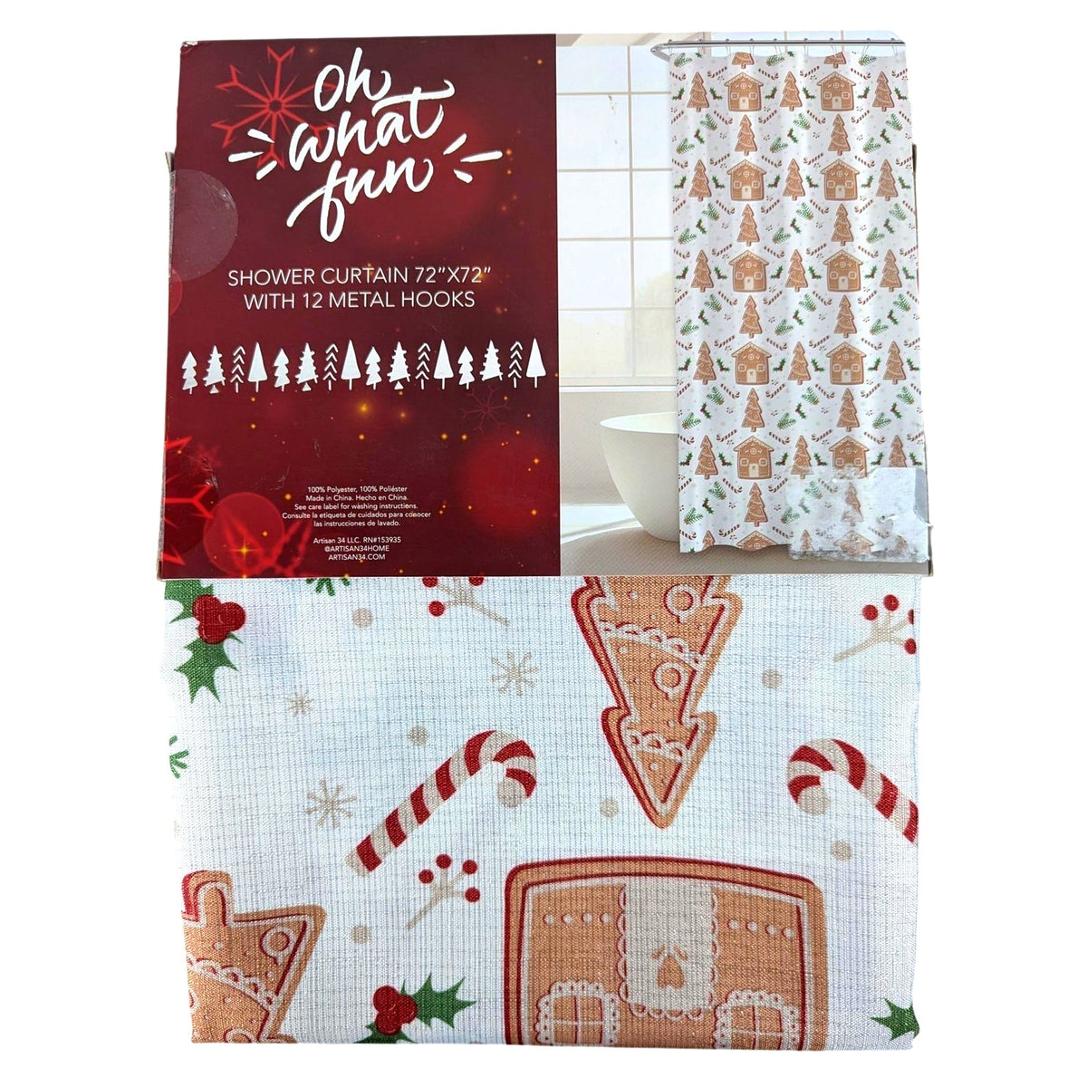 Oh What Fun Christmas Gingerbread Print Shower Curtain 72 X72,  12 Metal Hooks