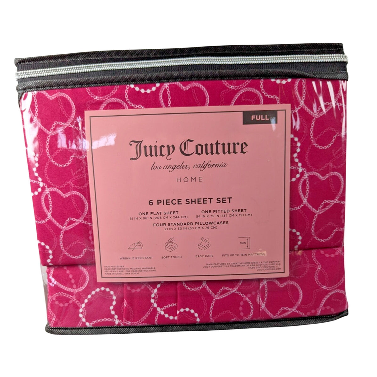 Juicy Couture Full 6pc Sheet Set, Juicy Monogram, Rose Pearl Hearts, Pink Chain