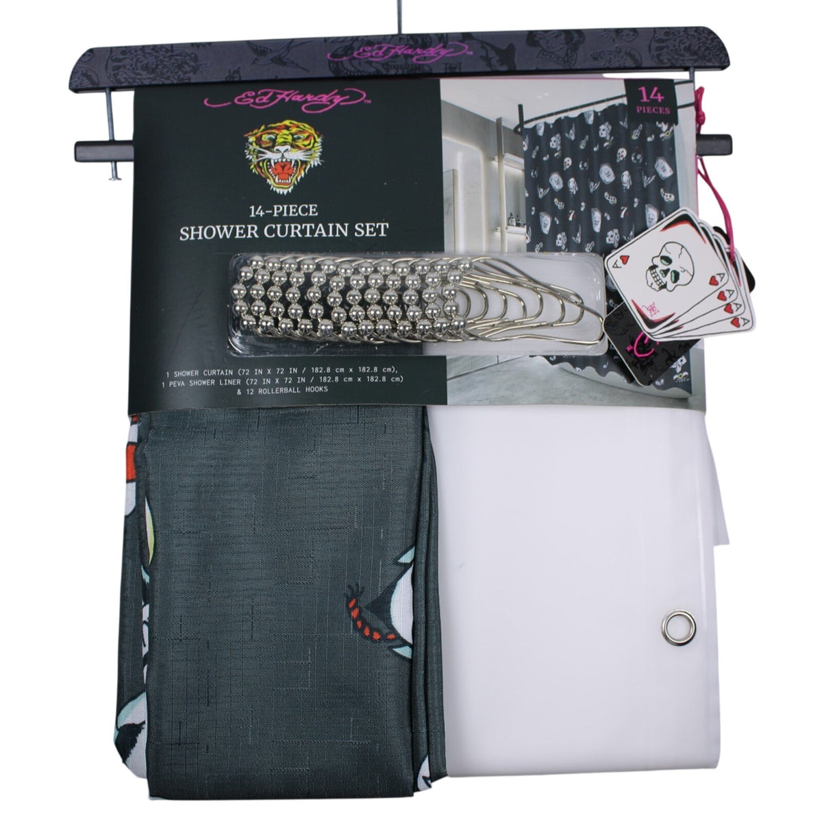 14-Pc Ed Hardy Skull POKER Cards Shower Curtain, Roller Ball Hooks, & Liner