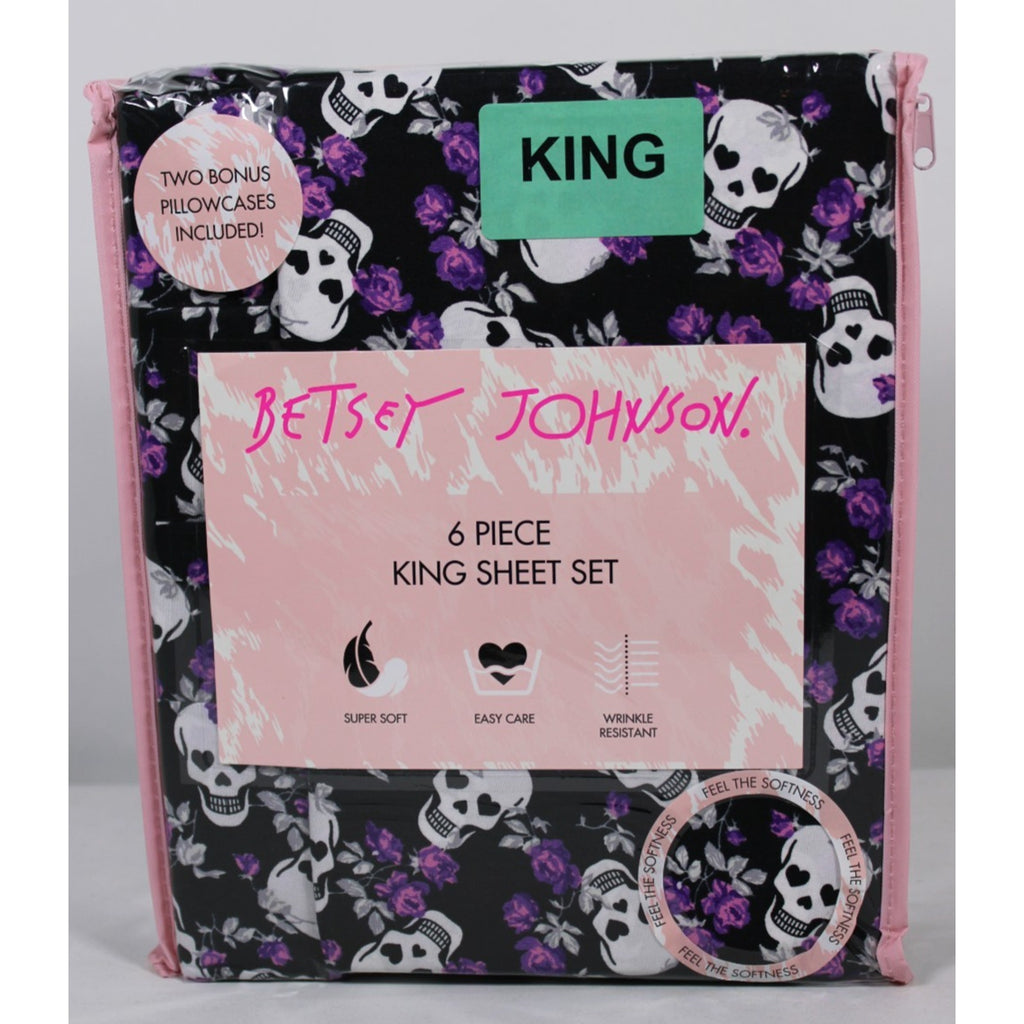 Betsey Johnson Skull Purple Roses 6PC King Sheet Set New