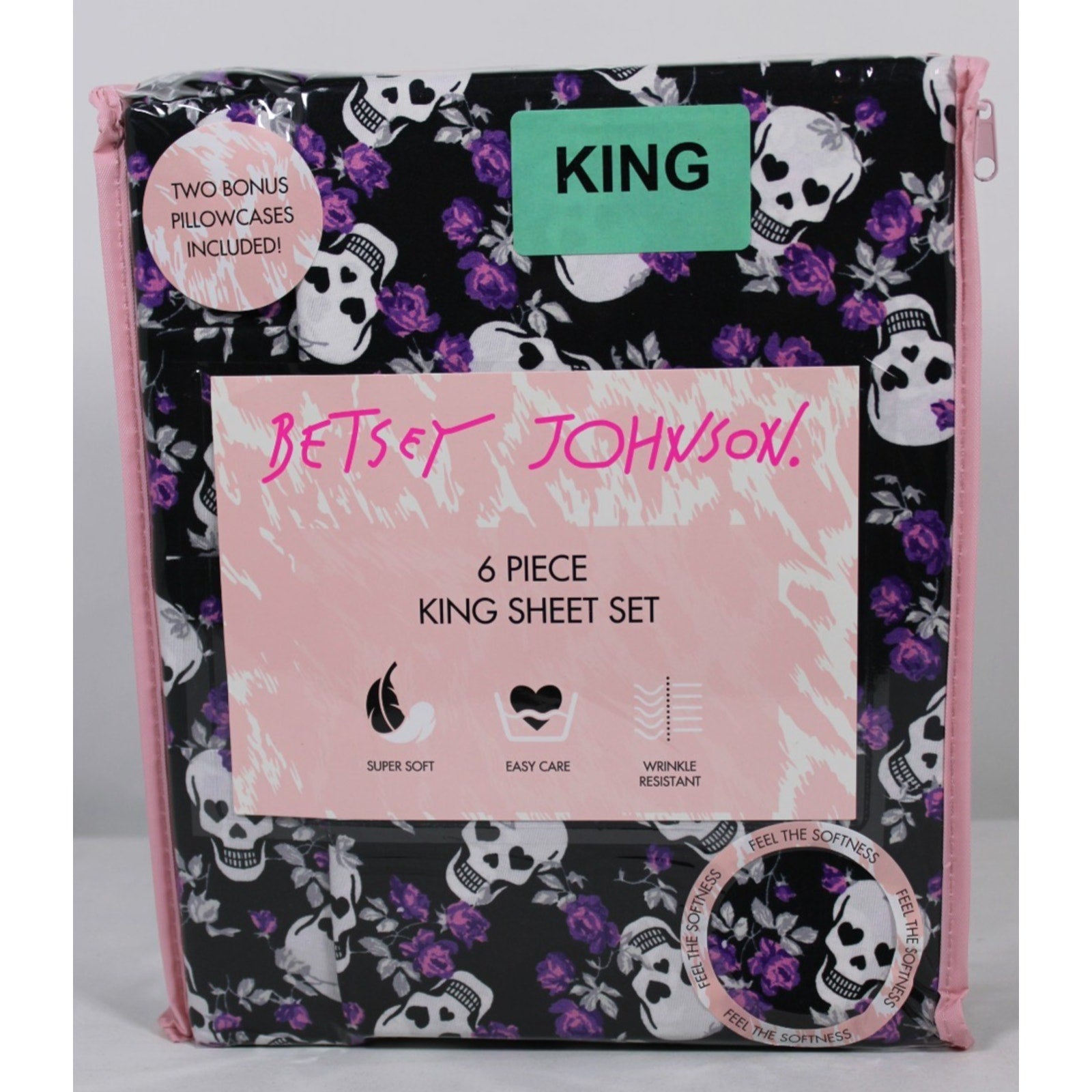 Betsey Johnson Skull Purple Roses 6PC King Sheet Set New