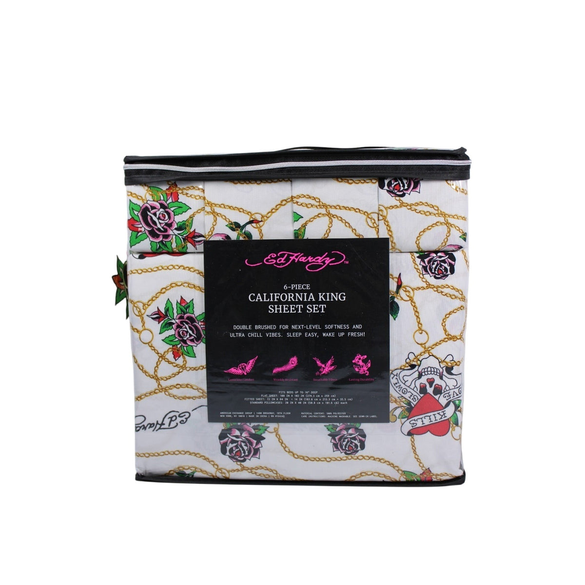 Ed Hardy White 6 pc Cal King Sheet Set Skulls Roses Tattoo Print w/4 Pillowcases