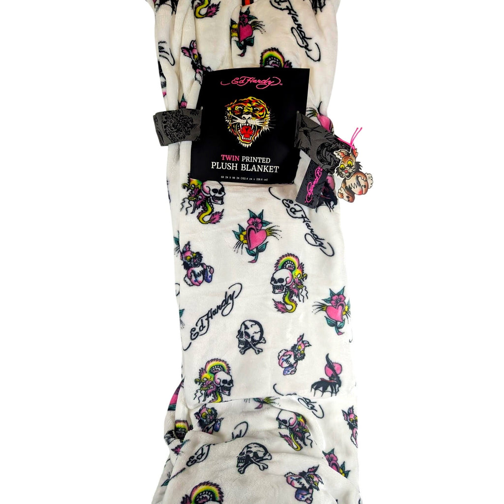 Ed Hardy Twin Plush Blanket Skull Heart Tattoo White 60x90