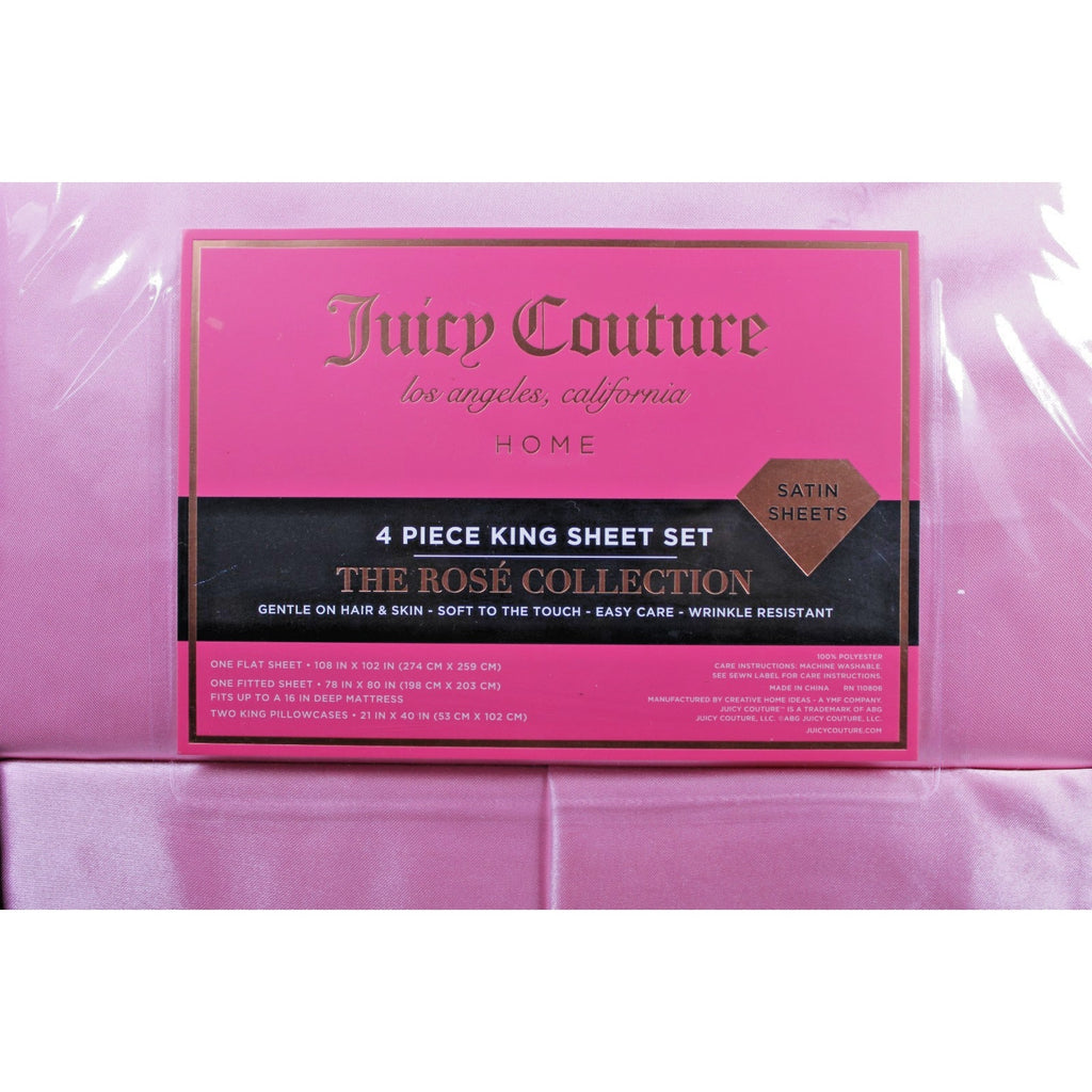 Juicy Couture Juicy Pink Satin 4pc KING Sheet Set Easy Care Soft Sleek Smooth