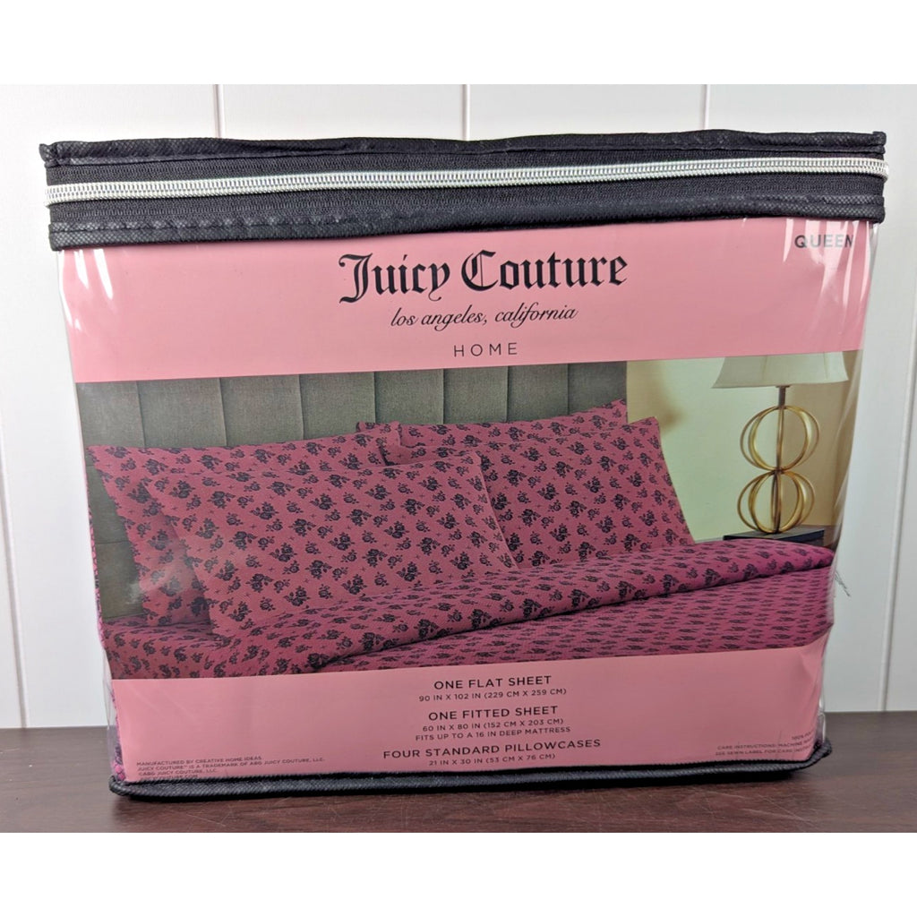 Juicy Couture Queen Size 6 pc Black Rose Fishnet Pink Bedding Sheet Set
