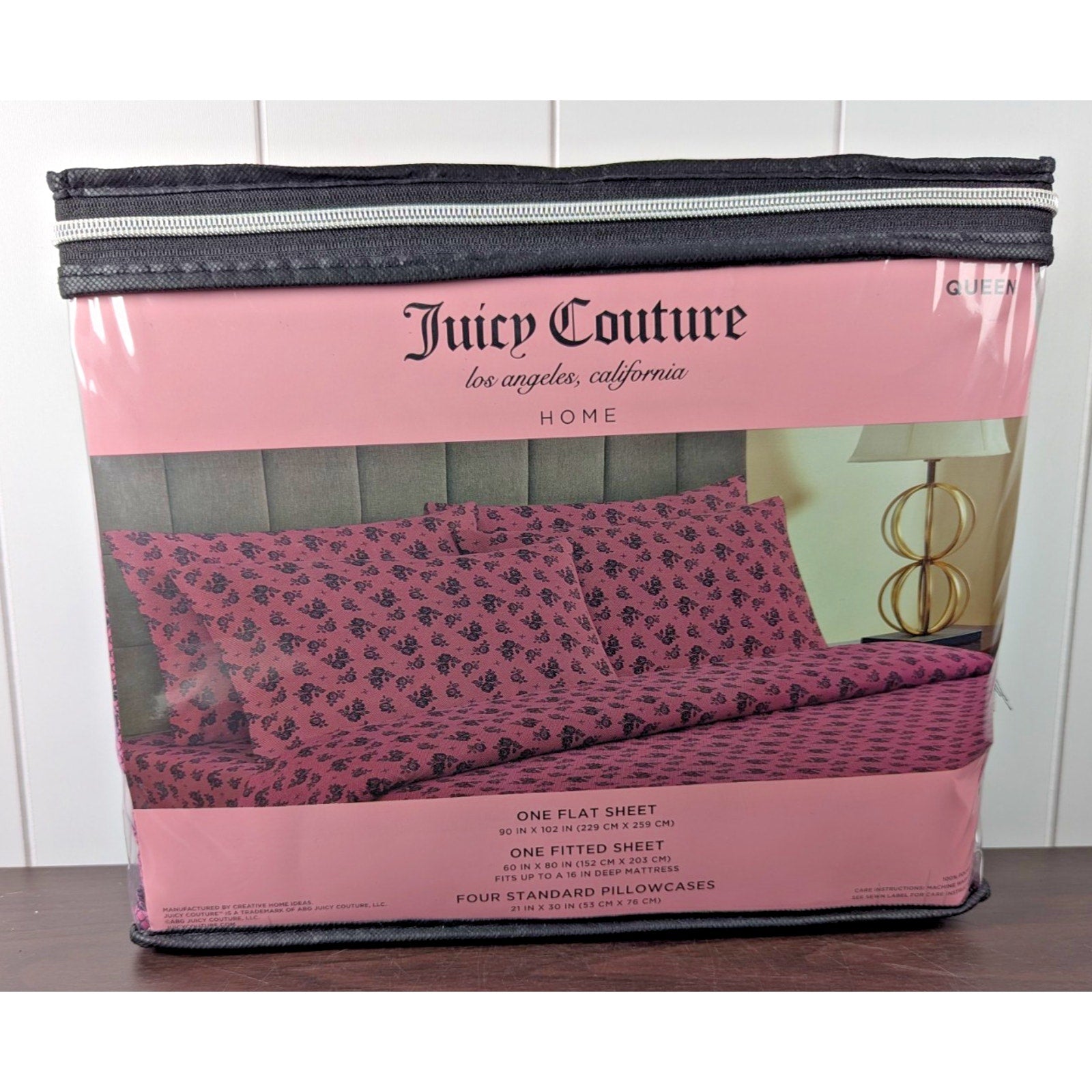 Juicy Couture Queen Size 6 pc Black Rose Fishnet Pink Bedding Sheet Set