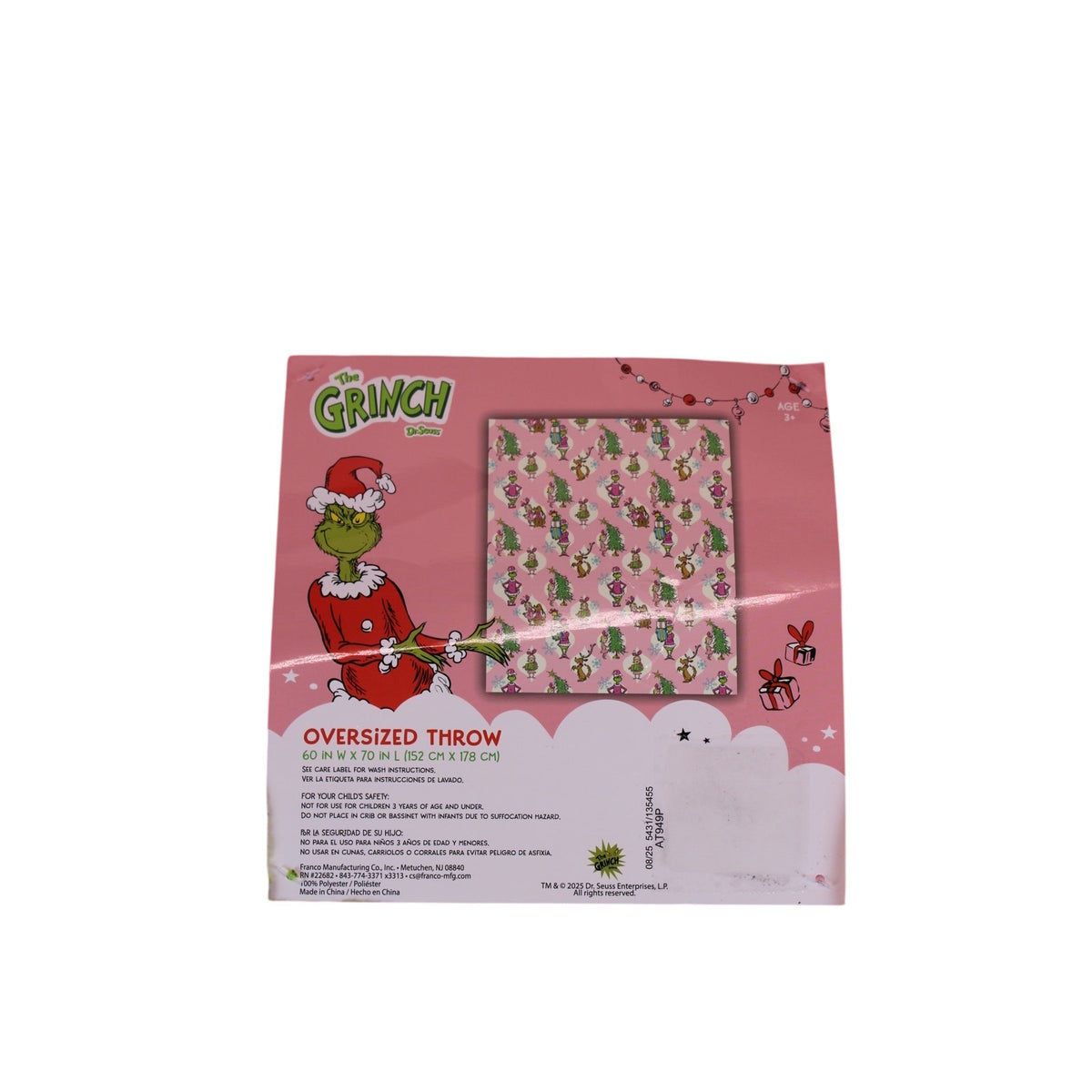 Cozy Dr. Seuss The Grinch Oversized Pink Fleece Throw Blanket 60 x 70