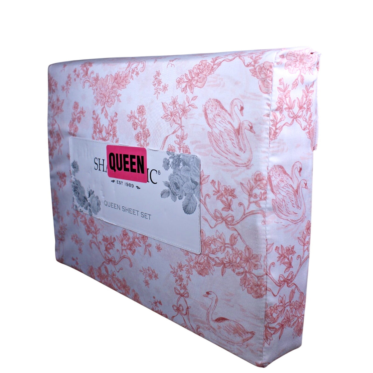 Shabby Chic Queen Sheet Set Swan Floral Coral Pink White Toile Vintage Inspired