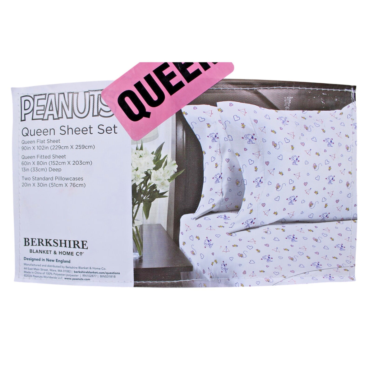 Peanuts Snoopy Queen 4pc Sheet Set By Berkshire Heart Valentines Anniversary NEW