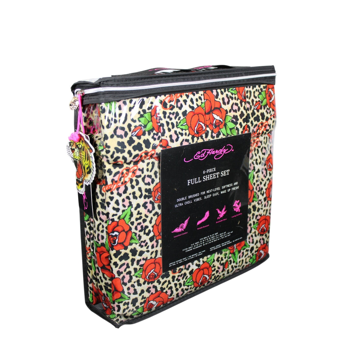 Ed Hardy Leopard Print with Red Roses & Logos 6pc FULL Sheet Set w/4 Pillowcases