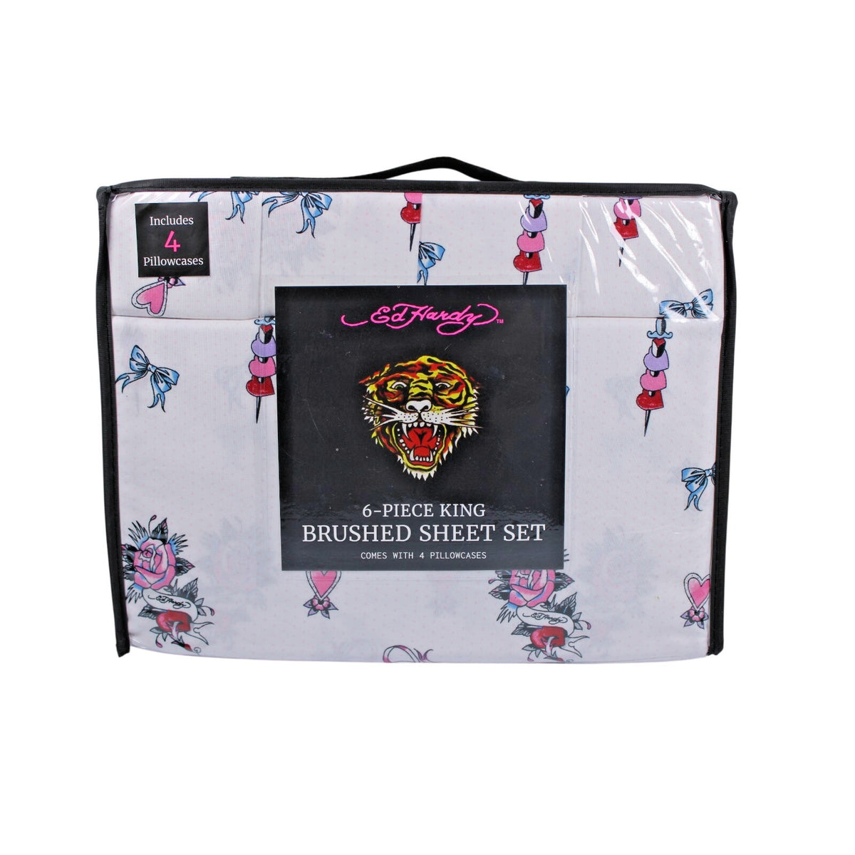 Ed Hardy KING 6pc Sheet Set with 4 Pillowcases Skulls, Bows, Roses, Hearts print