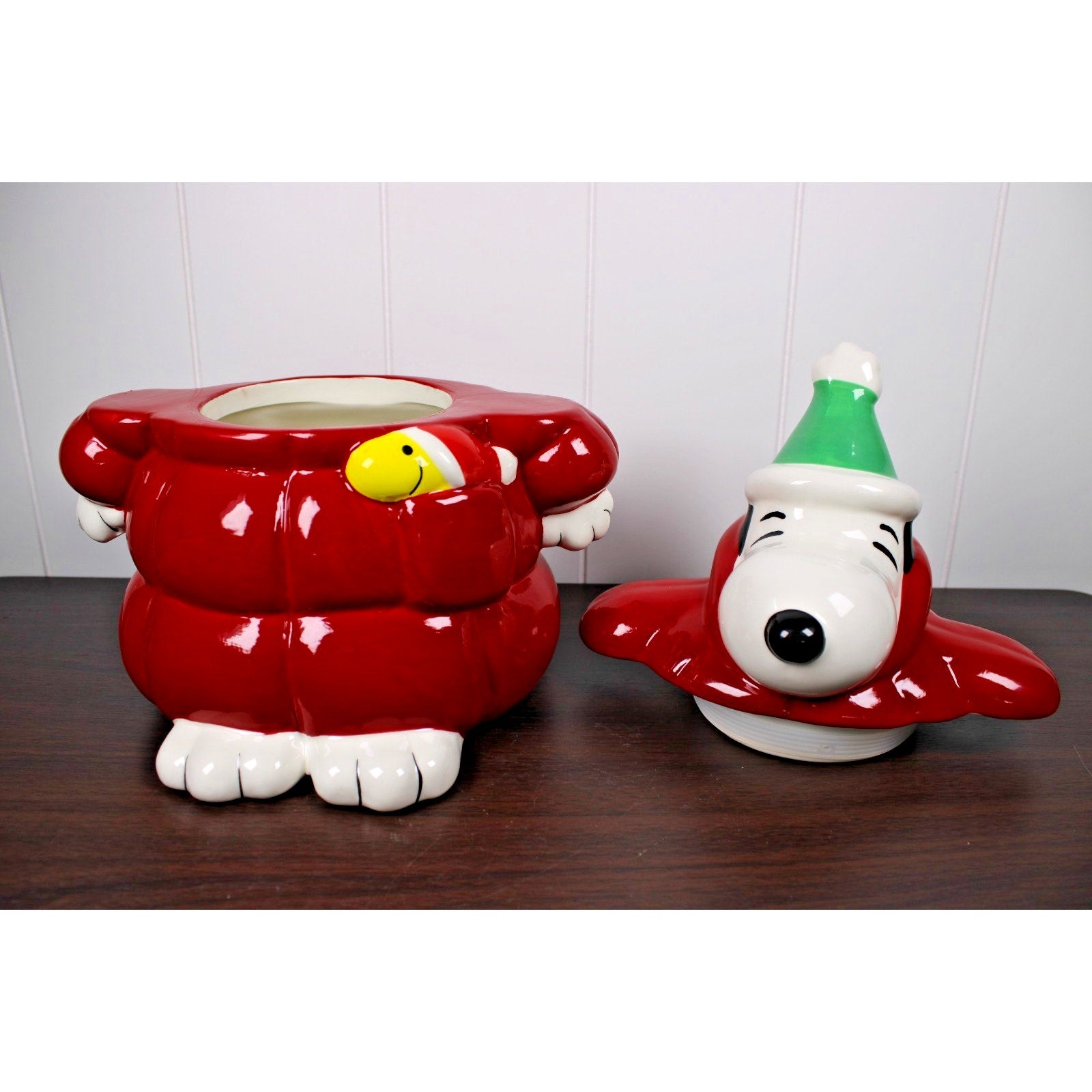 NEW Peanuts Snoopy Red Puffer Jacket Woodstock Cookie Jar Canister Christmas