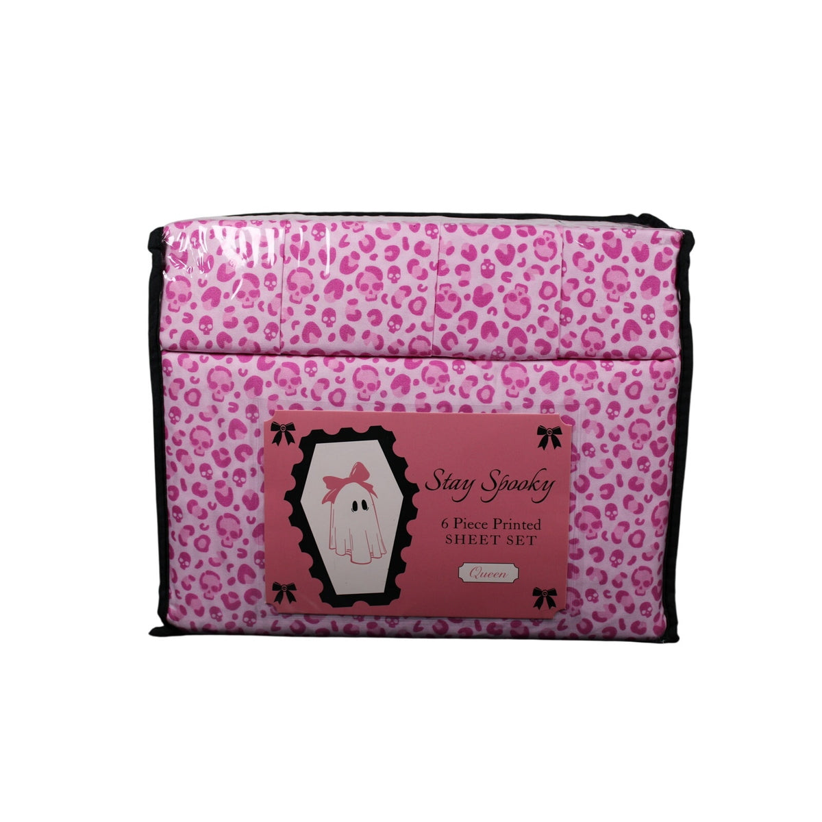 STAY SPOOKY 6pc QUEEN Halloween Skulls leopard print Pink Sheet Set - NEW