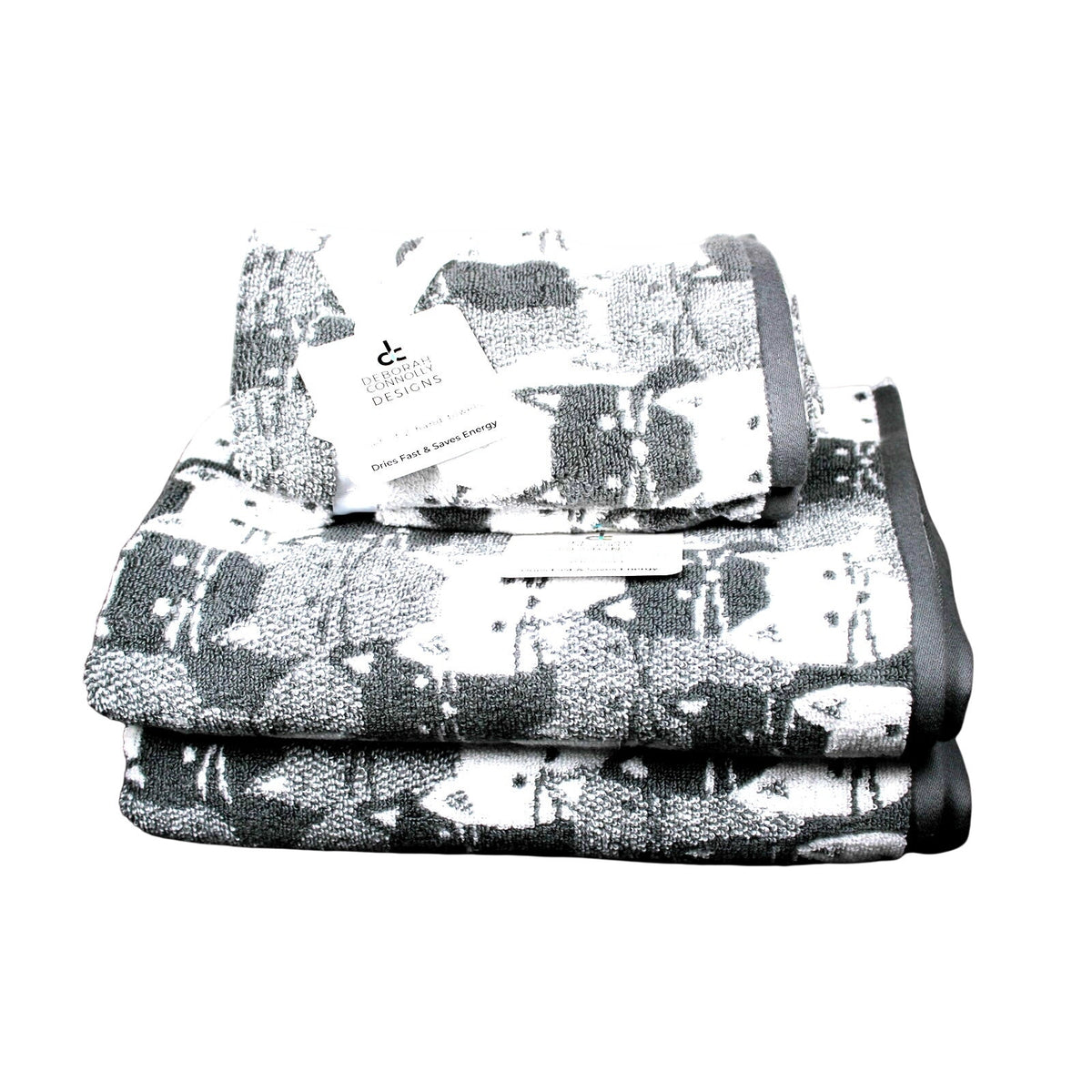 Deborah Connolly Cats Bath Towel Set 4pc Towel Bath Set White Black Grey, SOFT