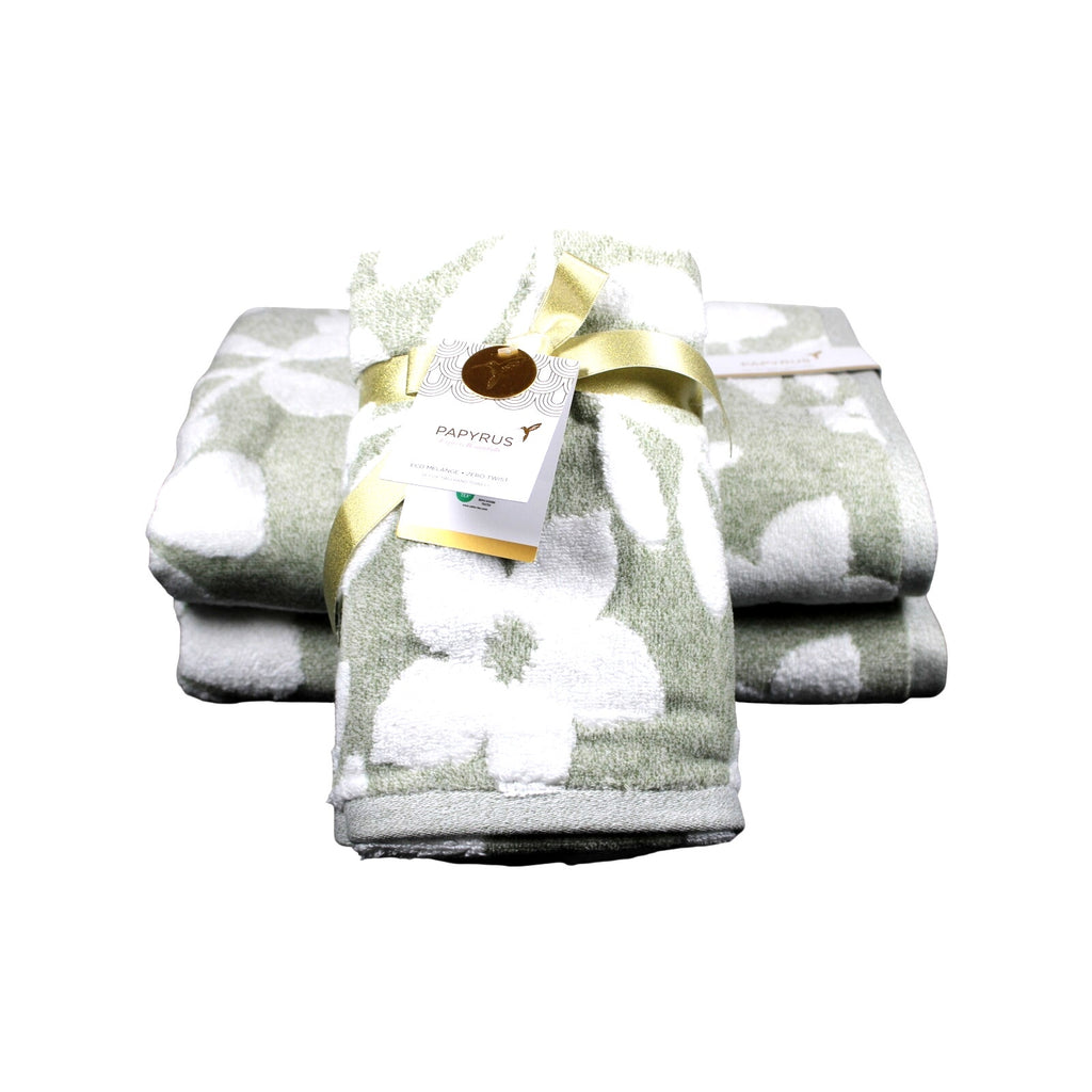 Papyrus 4 pc Bath & Hand Towel Set Green White Floral Soft Cotton Velour - NEW
