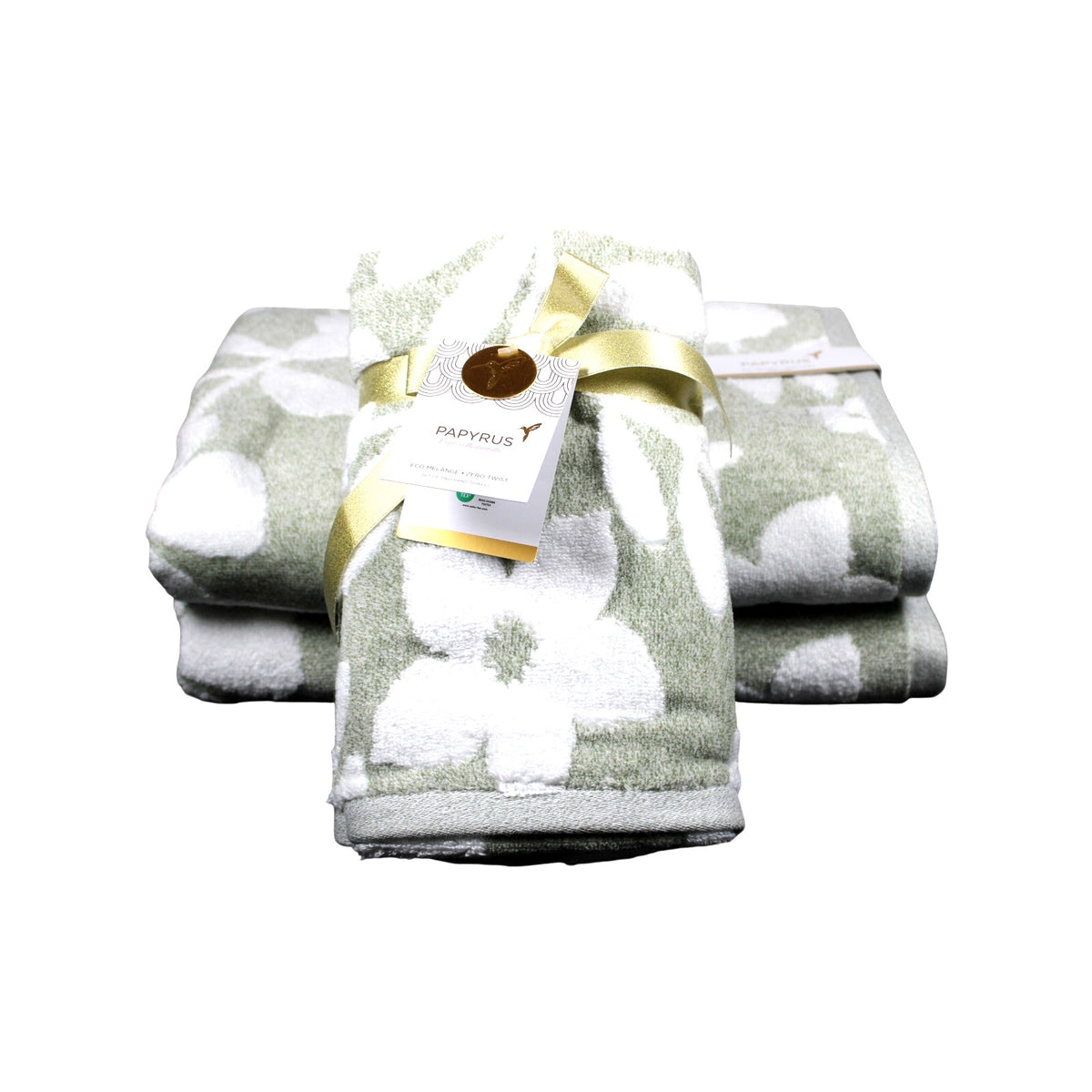 Papyrus 4 pc Bath & Hand Towel Set Green White Floral Soft Cotton Velour - NEW