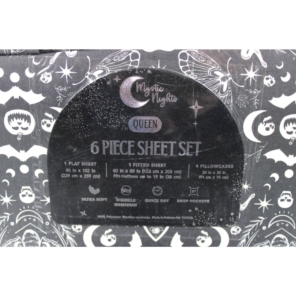Mystic Nights Halloween 6 pc QUEEN Skulls/ Pumpkins/Butterflies/ Bats Sheet Set
