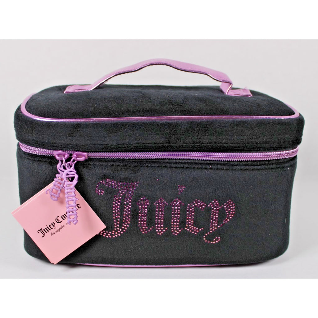 NWT Juicy Couture BLACK & LILAC velvety cosmetic makeup bag & toiletry bottle