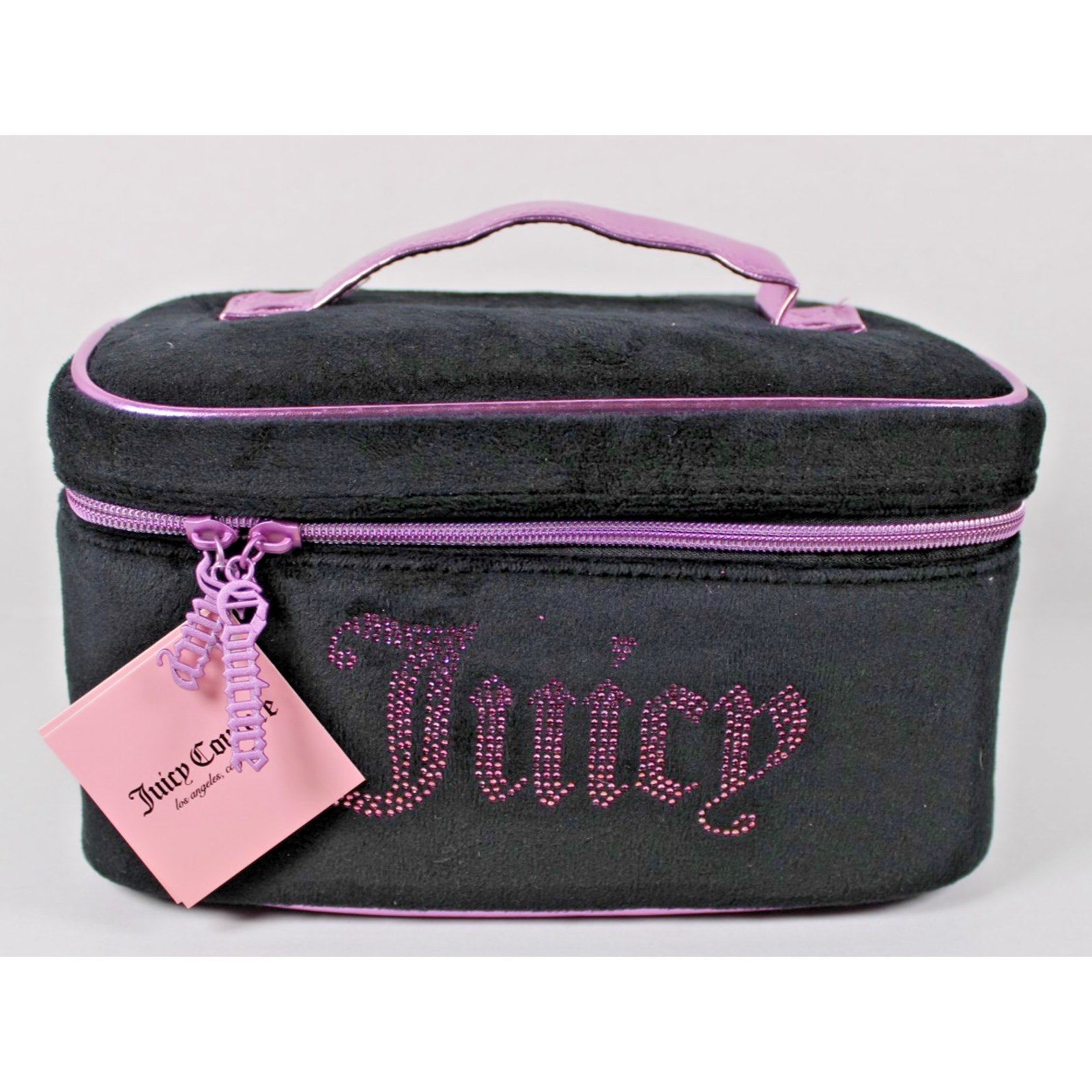 NWT Juicy Couture BLACK & LILAC velvety cosmetic makeup bag & toiletry bottle