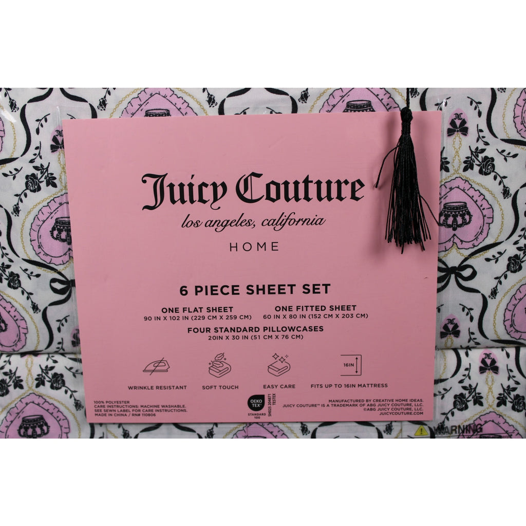 Juicy Couture Queen Sheet Set 6 Piece Black Crown Black Roses, Bows, Logos - NEW