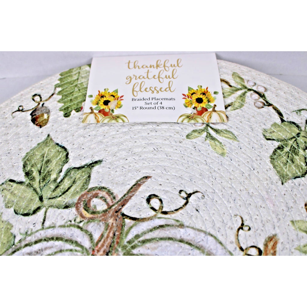 Pumpkins Thanksgiving Fall Harvest Braided Fabric Round Placemats Set of 4 -15"