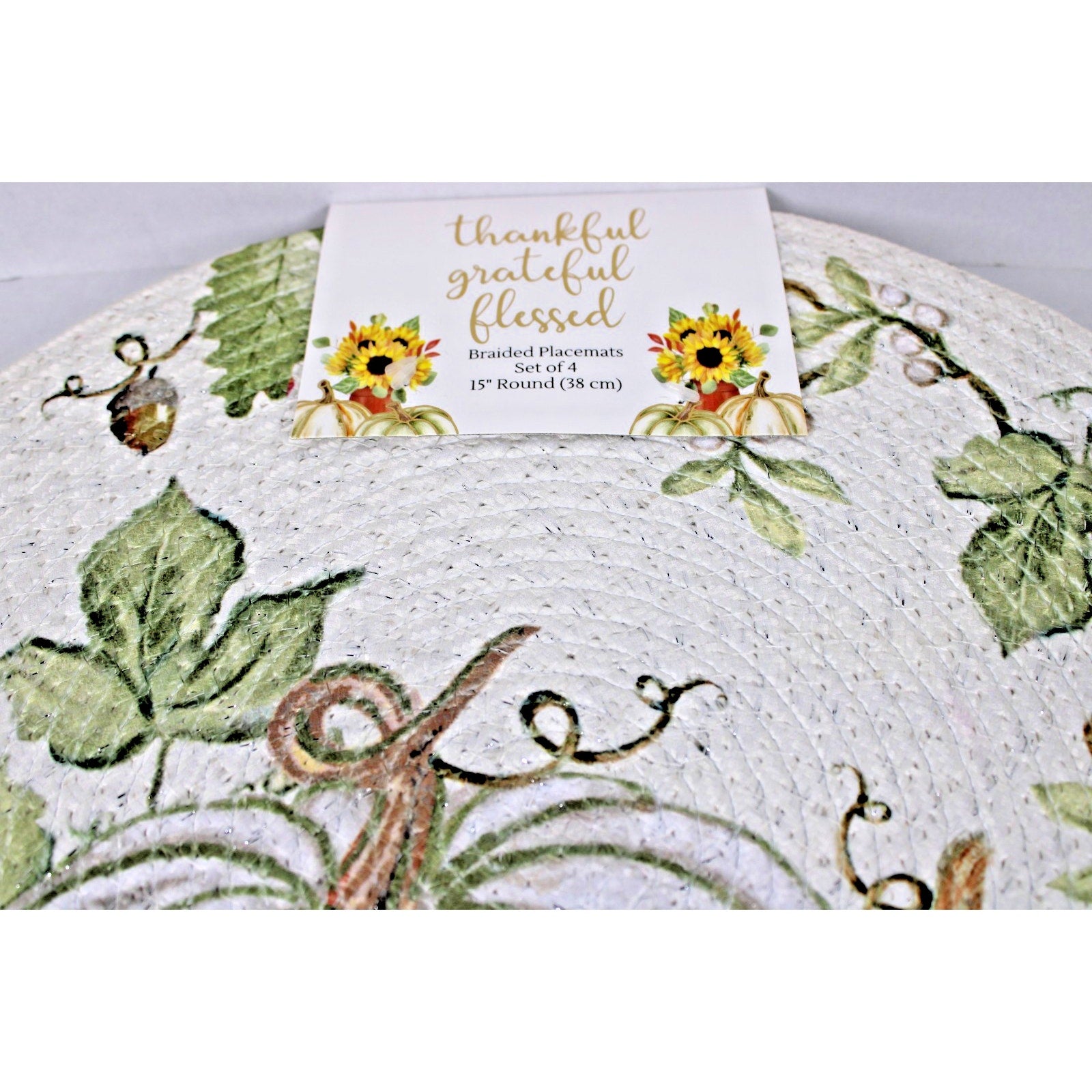 Pumpkins Thanksgiving Fall Harvest Braided Fabric Round Placemats Set of 4 -15"