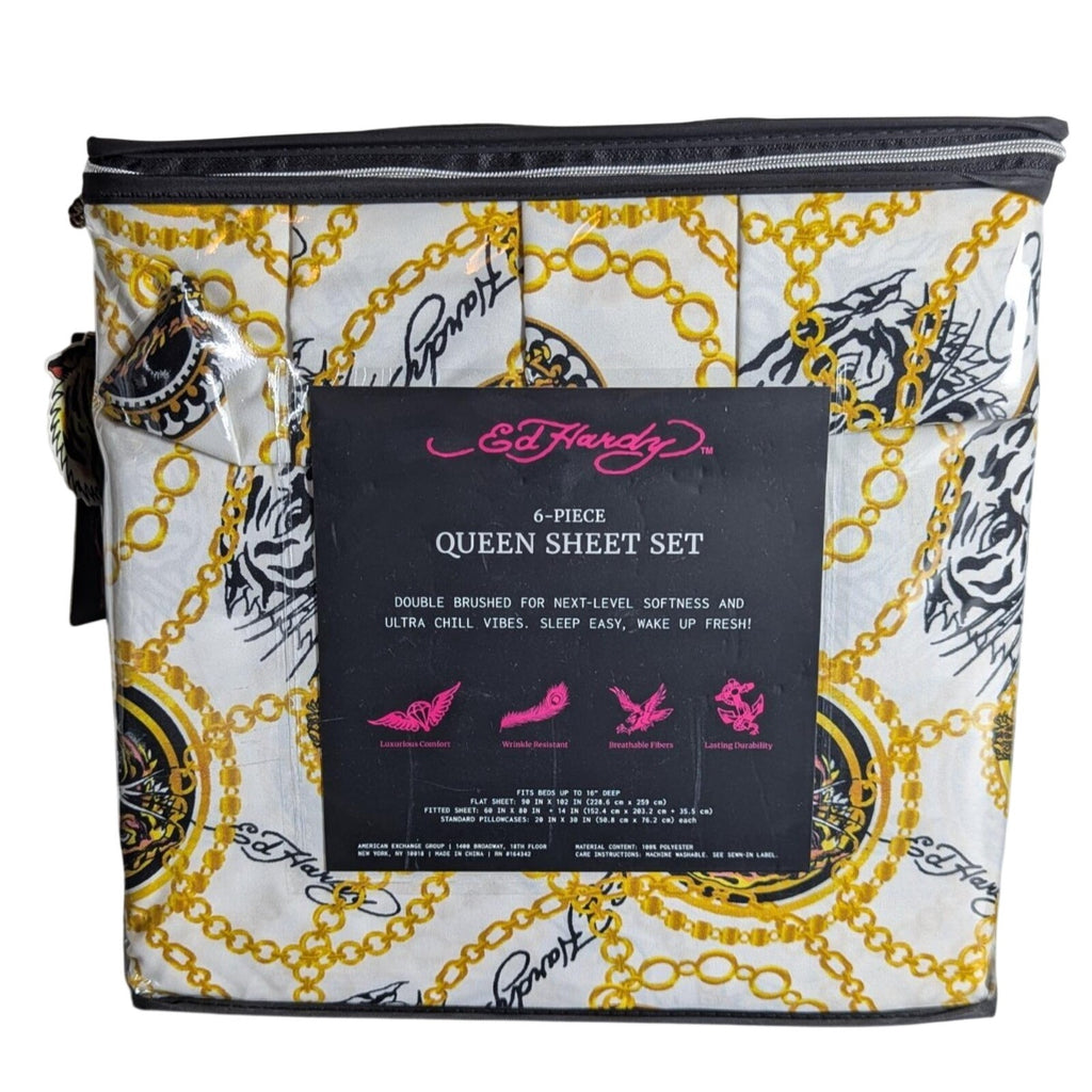 Ed Hardy 6 pc Queen Sheet Set, Tiger, Gold Chain, Tattoo Print w/4 Pillowcases
