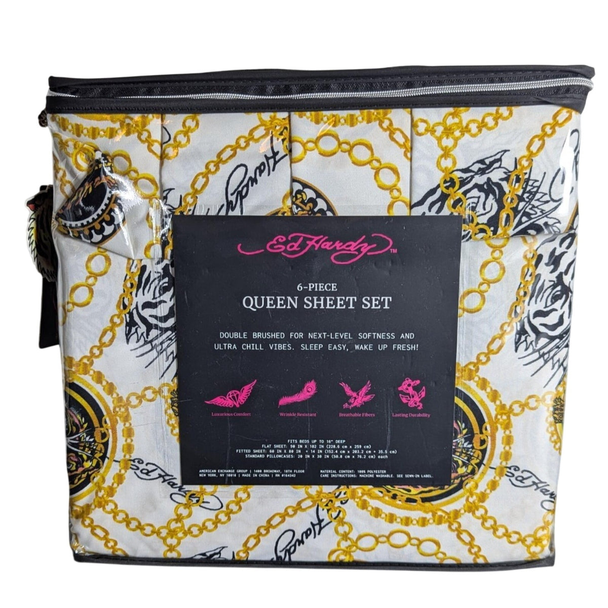 Ed Hardy 6 pc Queen Sheet Set, Tiger, Gold Chain, Tattoo Print w/4 Pillowcases