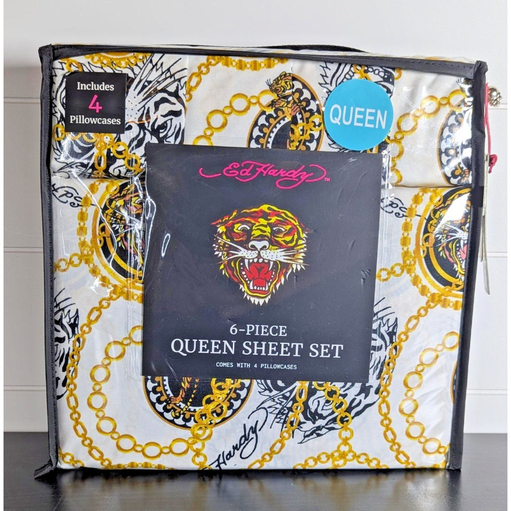 Ed Hardy 6 pc Queen Sheet Set, Tiger, Gold Chain, Tattoo Print w/4 Pillowcases