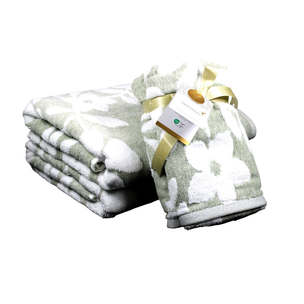 Papyrus 4 pc Bath & Hand Towel Set Green White Floral Soft Cotton Velour - NEW