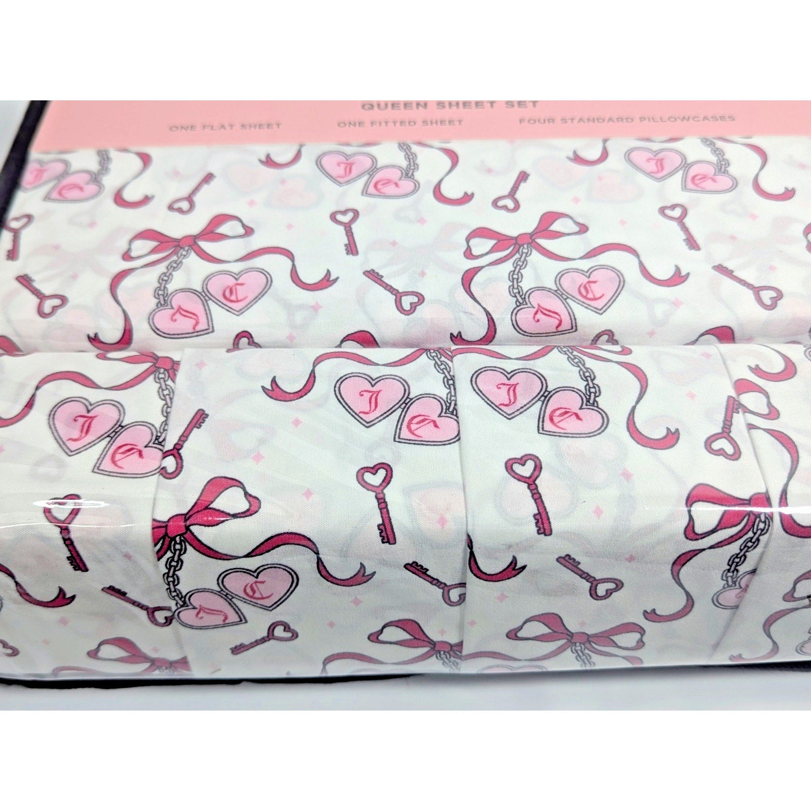 Juicy Couture Queen 6psc Bed Sheet Set Bows, Keys and Hearts Heart