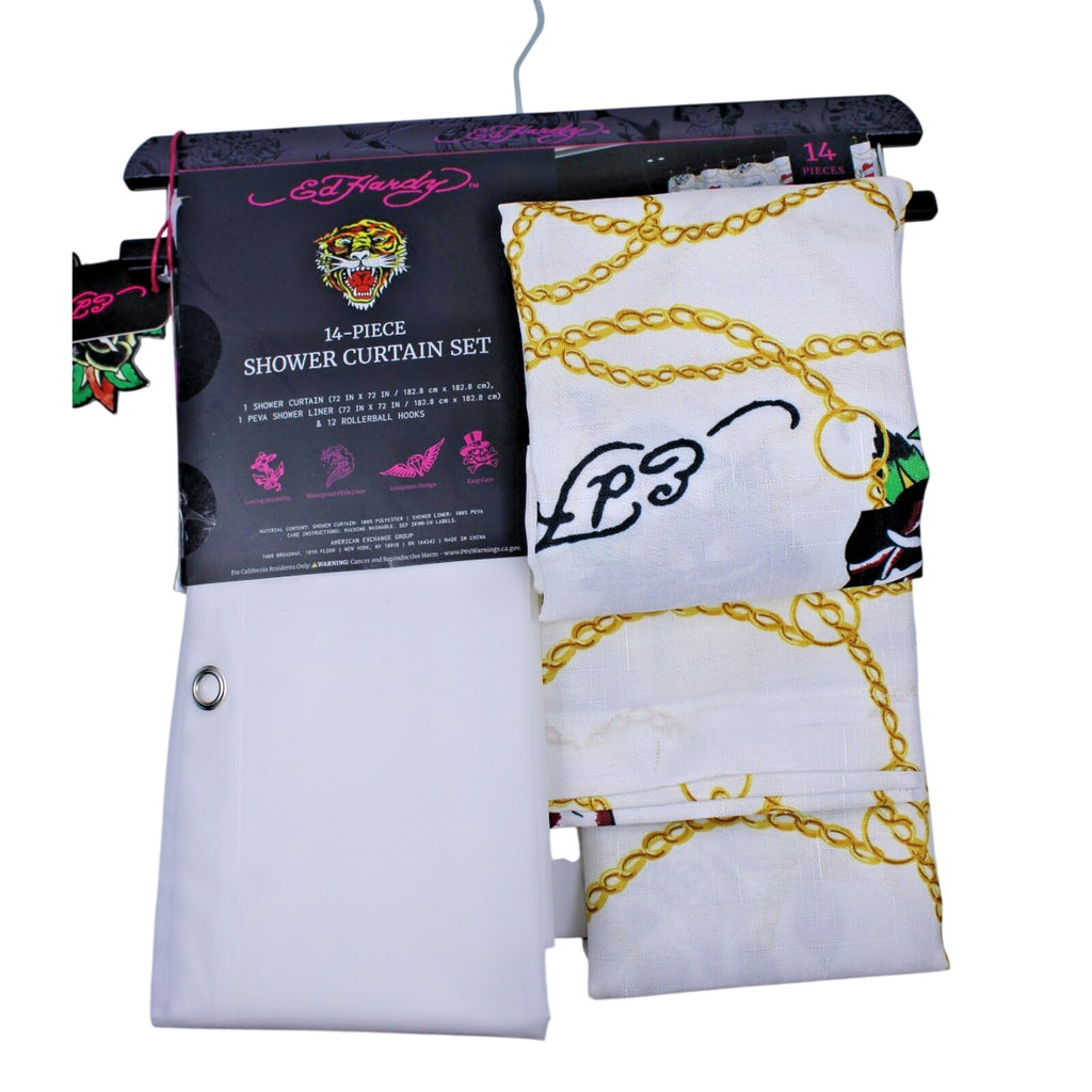 Ed Hardy 14 Piece Shower Curtain Set, White With Gold Chain and Skulls, NWT