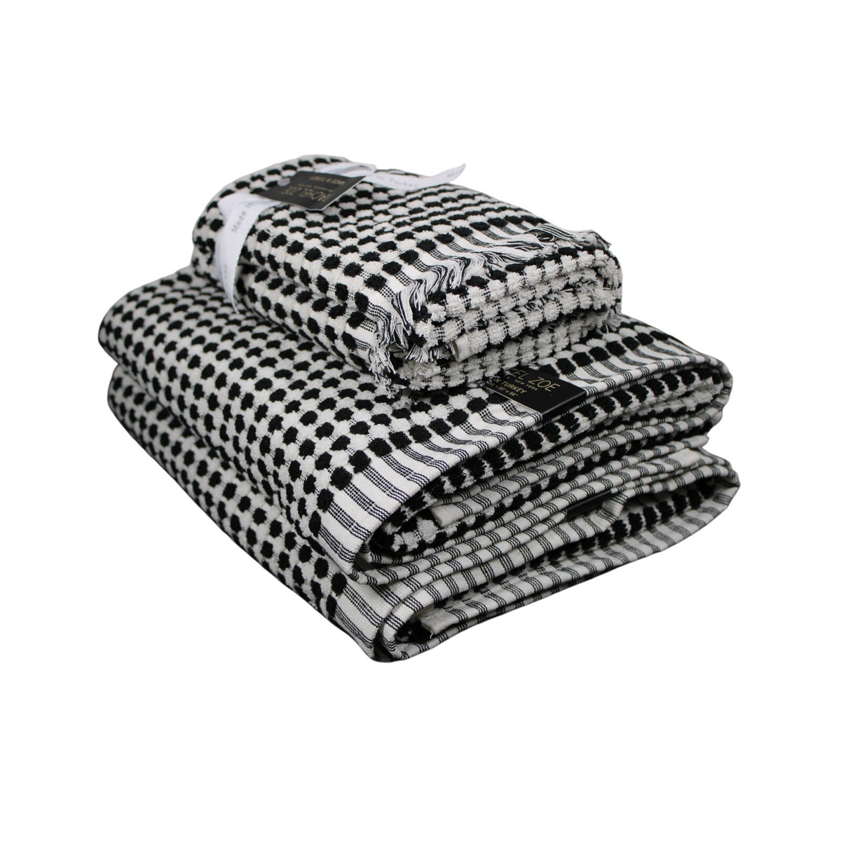 RACHEL ZOE 4pc Bath Towel Set Black White Polka Dot Bath, Hand - Turkish Towels  NEW
