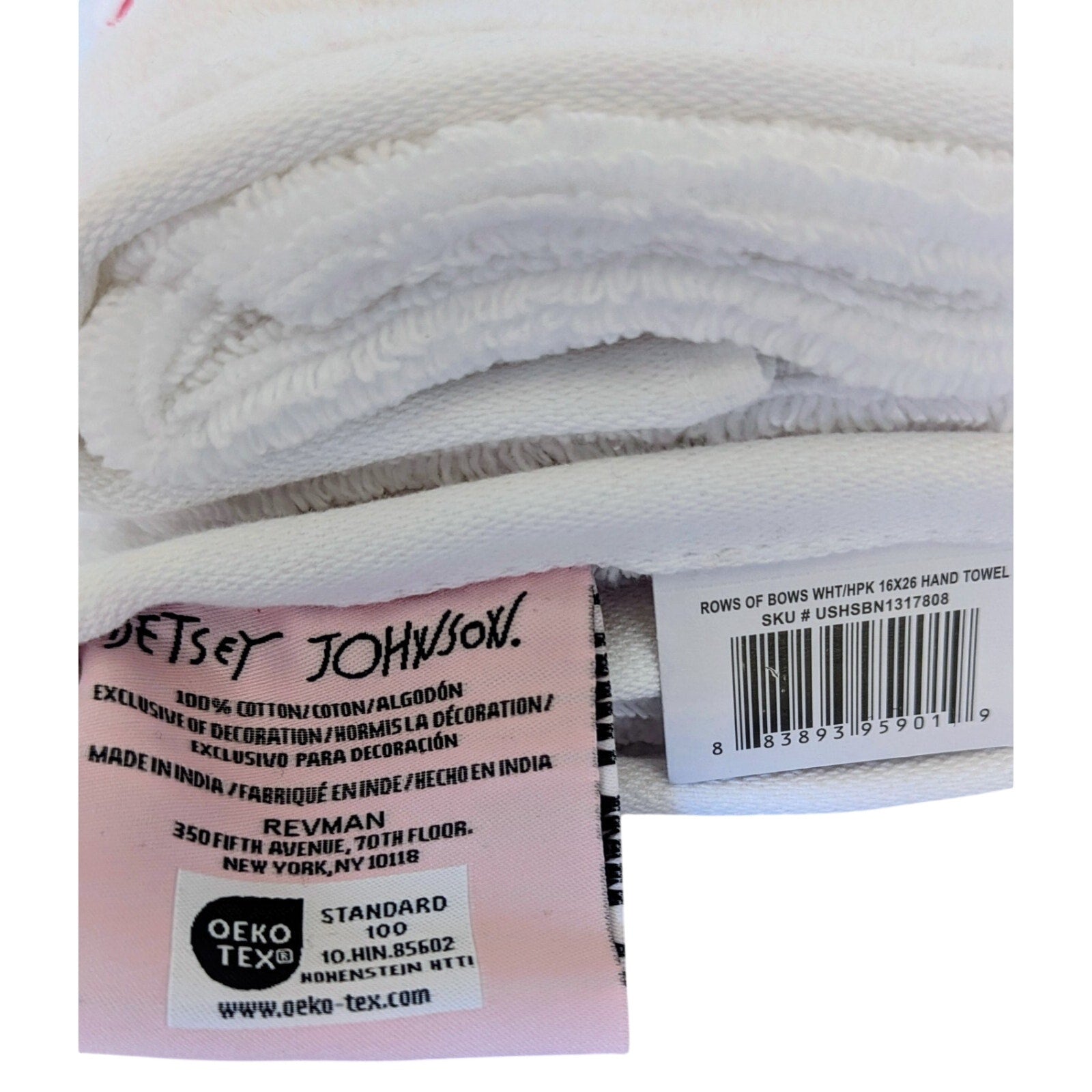 Betsey Johnson 2 Piece Hand Towel Set Rows of Bows 16 x 26 100% Cotton White