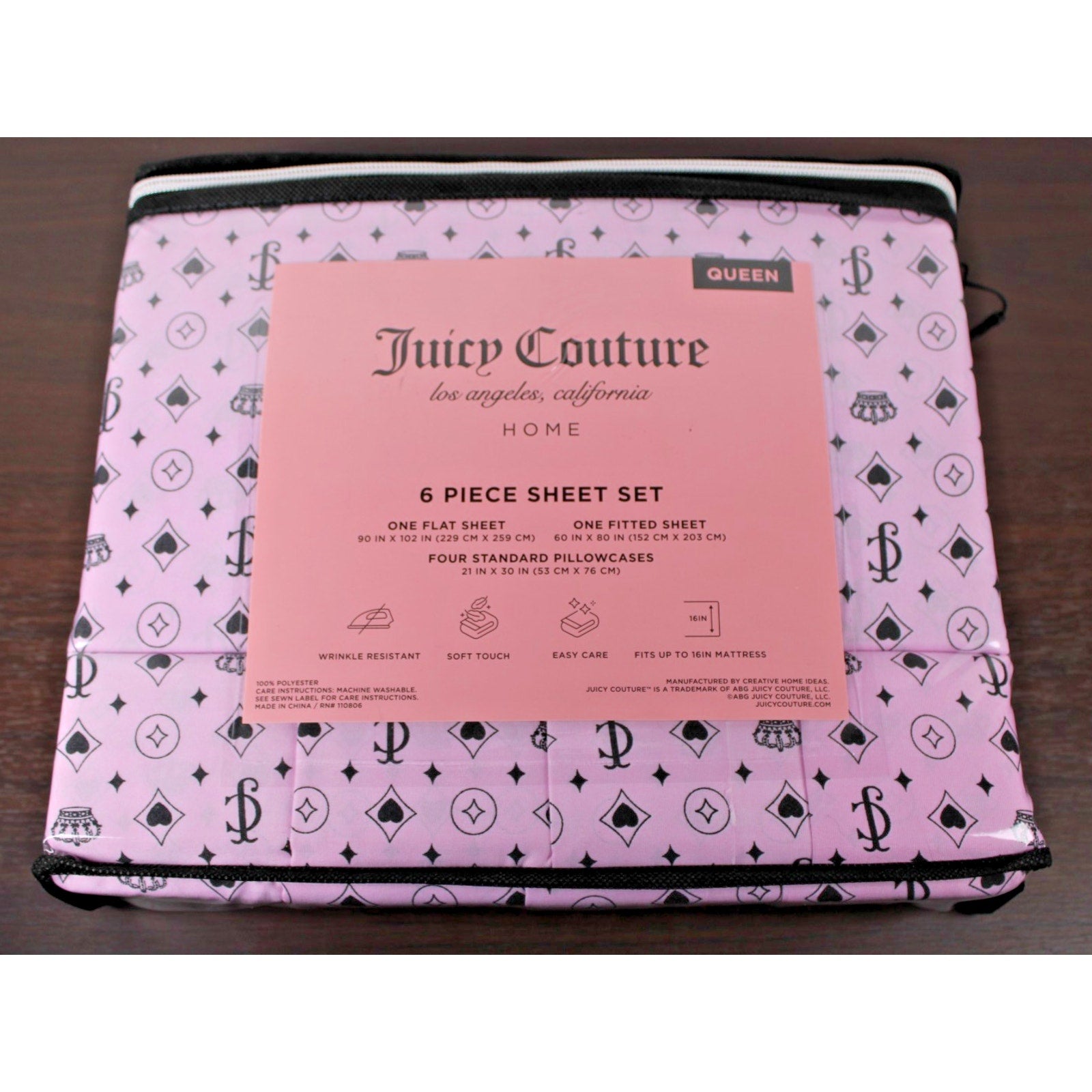 Juicy Couture Queen 6 pc Bed Sheet Set JC Logo Crown Heart Diamond Print