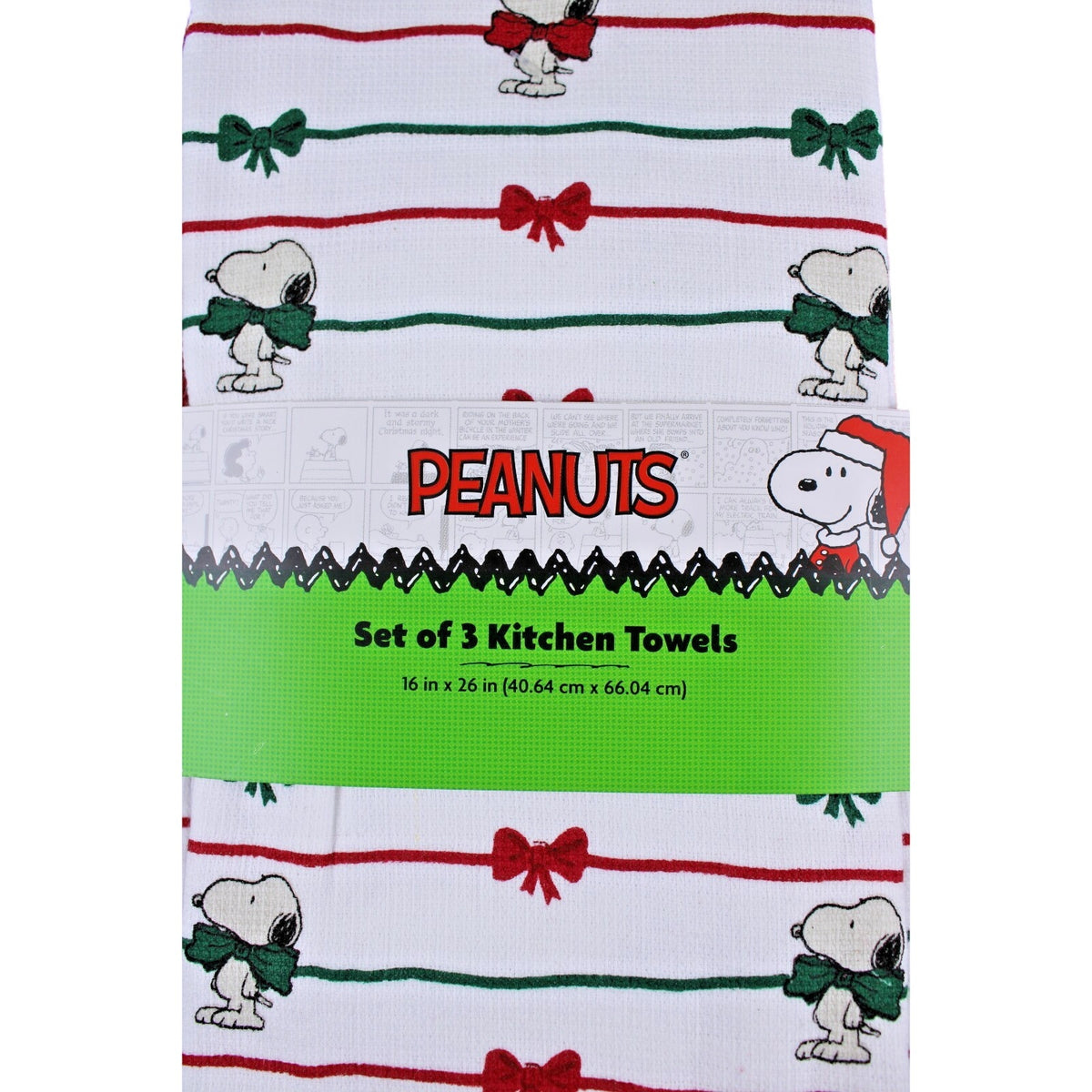 Peanuts Snoopy Red and Green Christmas Bows 3 pc Kitchen Towel Set 18x28 Cotton