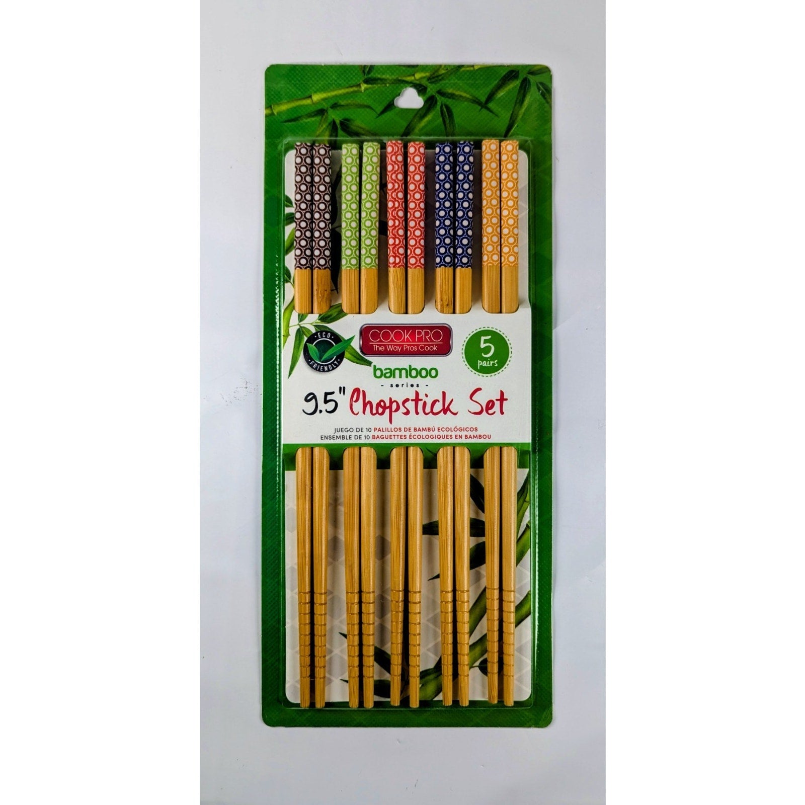 Cook Pro White Dots Bamboo Chopsticks 5 Pack Set 9.5” Natural