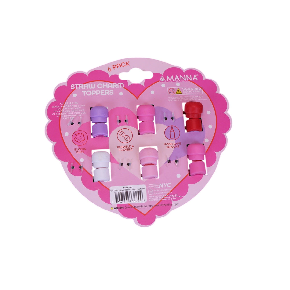 Manna 6-Pack Silicone Straw Charm Toppers - Candy Heart Accent Charms