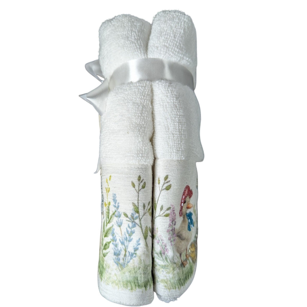 Easter Blessing Beaded Ducks Floral Hand Towels Set of 2, 16x28" 100% Cotton